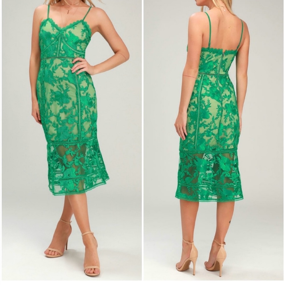 Lulus Deeply Cherished Green Lace size medium midi dress NWT